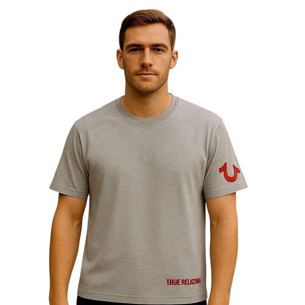 True Religion Gray T-Shirt with Red Logo‎ Casual Streetwear Men's Large New